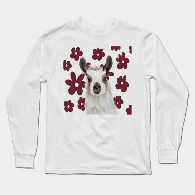 Llama | Burgundy Red Retro Flowers | Llama Lovers gift Long Sleeve T-Shirt by Suneldesigns